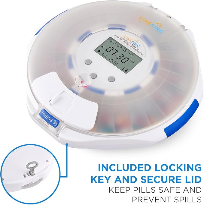 LiveFine Automatic Pill Dispenser with 28-Day Electronic Medication Organizer, 6 Dosage Rings, LCD Display with Sound & Light Alerts, Key & Magnifying Glass for Prescriptions, Vitamins & Supplements