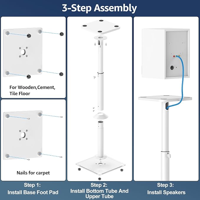 MOUNTUP Universal Speaker Stands Pair, 28.3" to 37.4" Height Adjustable Floor Speaker Stands, Holds Bookshelf & Large Satellite Studio Speakers, Cable Concealing, 22LBS Capacity, 9.8" Plate, White