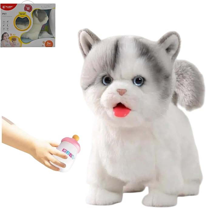 CU-MATE Electronic Stuffed Walking Cats, Realistic Interactive Pet Toy Cat, Walking, Barking, Wagging Tail & Talking, Present Gifts for 3+ Year (British Shorthair Blue and White Cat)