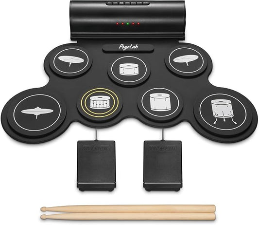 POGOLAB Electronic Drum Set, 7 Pads Roll Up Electric Drum Pad with Wireless Function, Portable Rechargeable Midi Drum Kit with Built-in Speaker/Pedals/Headphone Jack, Great Holiday Gift for Beginner