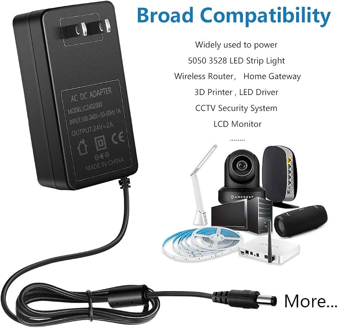 SHNITPWR 24V 2A Power Supply Adapter, Pack of 2 100~240V AC to DC 24 Volt 2000mA 48W Converter Transformer with 5.5x2.5mm DC Tip for 5050 3528 LED Strip 3D Printer CCTV Security System LCD Monitor