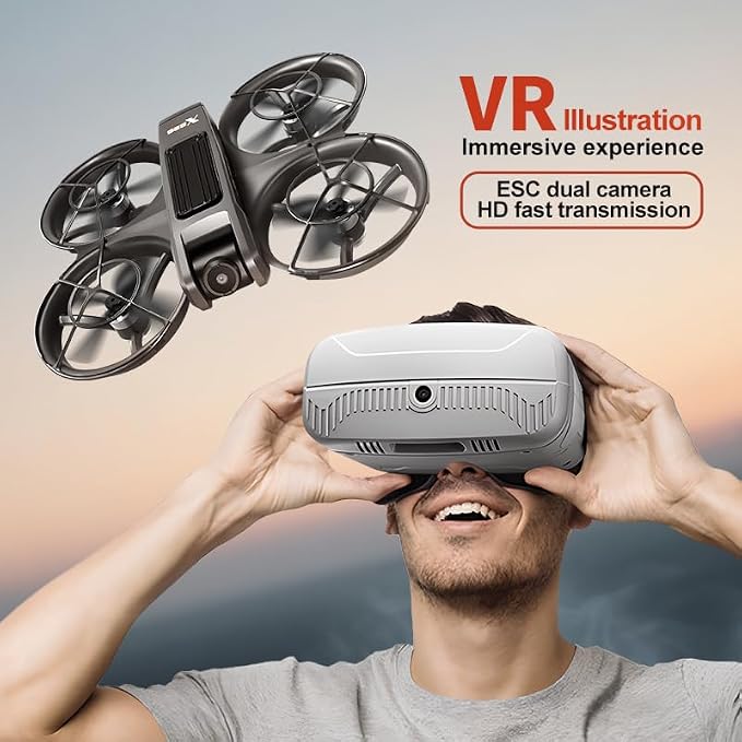 VR FPV Hobby Drone with VR Goggles, Optical Flow Positioning, Dual Batteries, One Key Takeoff/Landing, APP Control, Brushless Motor, Beginner-Friendly Quadcopter with Propeller Guards, Altitude Hold, Dual Cameras & LED Night Lights, a first-person view