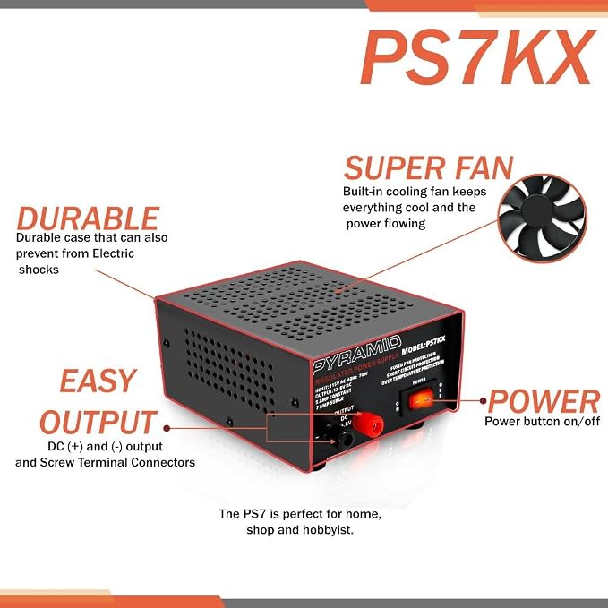 Pyramid Universal Compact Bench Power Supply - 5 Amp Linear Regulated Home Lab Benchtop AC-to-DC 12V Converter w/ 13.8 Volt DC 115V AC 70 Watt Power Input, Screw Type Terminals, Cooling Fan - PS7KX