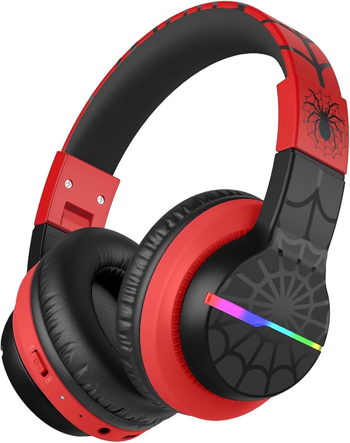 iClever BTH12 Kids Bluetooth Headphones,Colorful LED Lights,74/85dBA Safe Volume,85H Playtime,Fast Charging,Bluetooth 5.2,Over Ear Kids Headphones Wireles for iPad/Tablet/Airplane,Black/Red