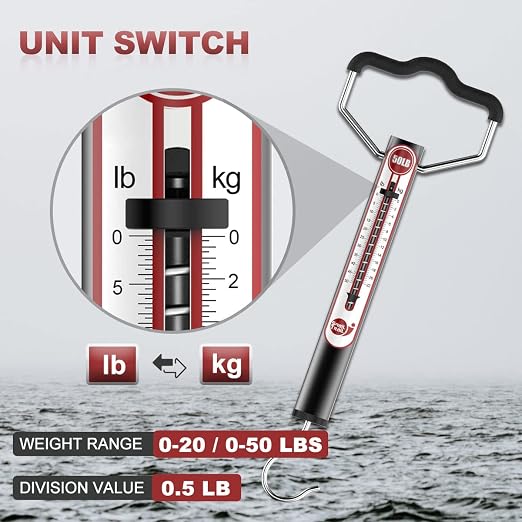 SNAIL TRAIL 20 LB / 50 LB Aluminum Tube Spring Fish Scale with Peak Weight Marker & Zero Reset, Mechanical Fishing Weighing Gauge with Hook, Non-Digital Hand Held Pull Weigher, Hanging Drag Scale