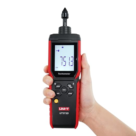 UNI-T UT372D Digital Tachometer,Contact & Non-Contact RPM Meter 1-99,999 RPMAccuracy,with Backlight, Data Hold, and Max/Min/Bluetooth Transmission Data Storage