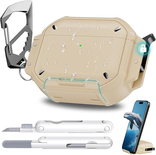 for AirPods Pro 3 Case Waterproof[IP68 Underwater][Full Heavy Duty Protection][Supports Wireless Charging] Anti-Scratch Hard Shell Cover for AirPods Pro 3rd Gen Cleaner Kit&Carabiner (Desert)