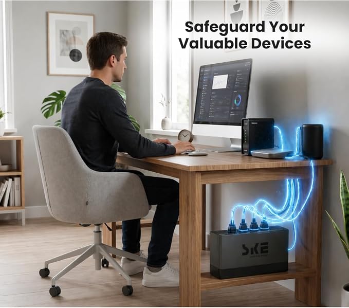SKE VL625 625VA/360W UPS Battery Backup and Surge Protector - Uninterruptible Power Supply with AVR, 7 Outlets, USB and Type-C Charging, RJ45 Port for Computer, Router, Modem, and Home Office Devices