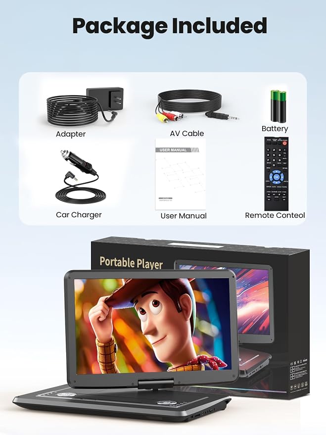 Arafuna 18" Portable DVD Player with with 5-Hour Rechargeable, 16" HD Swivel Screen with Dual Stereo Speakers, Support USB/SD/Sync TV, Regions Free