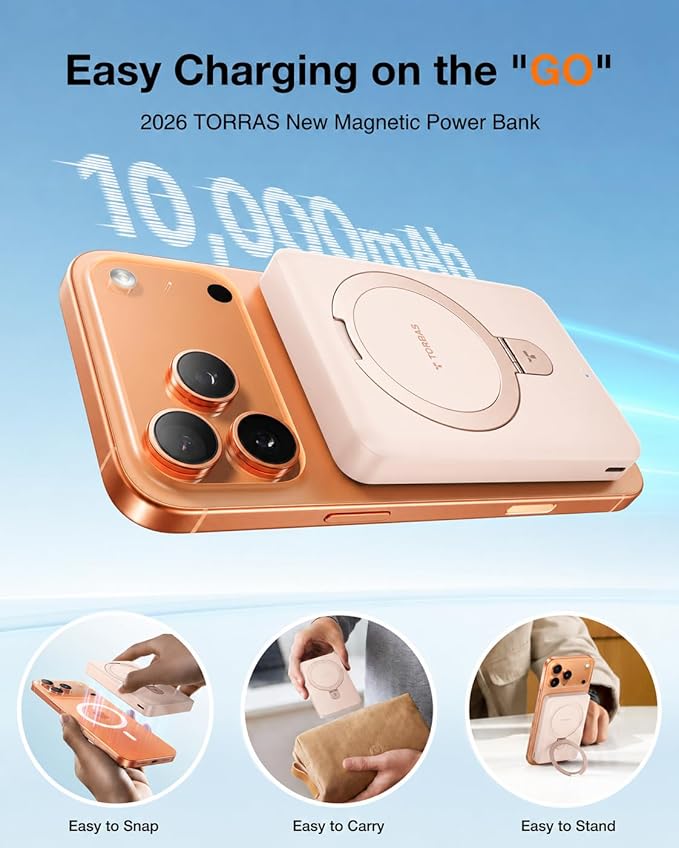 TORRAS EasyGo 10000mAh Magnetic Portable Charger Power Bank for iPhone, Fast Charging Travel Essential Wireless Battery Pack with Stand Compatible with Magsafe,17 Pro Max,Pro,16,15,14,13,12, Rose Gold