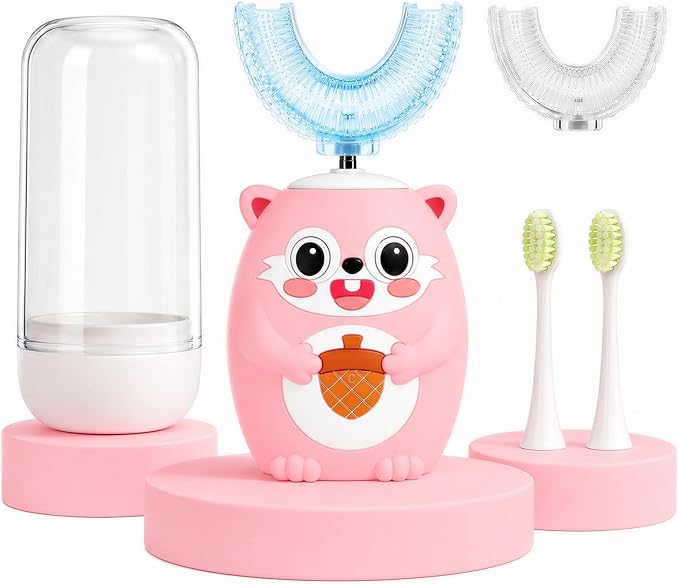 Kids U-Shaped Automatic Electric Toothbrush, Children’s 360° Mouthpiece Design for Full-Mouth Cleaning, 3 Cleaning Modes, Cute Animal Squirrel Style