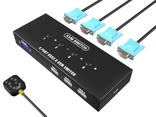 KVM Switch VGA 4 Port - VGA KVM Switch for 4 Computers Share 1 Monitor & 3 USB 2.0 Devices,Keyboard Mouse Scanner Printer,U Disk, Driver-Free for All OS,4 KVM Cables 1 Desktop Controller Included