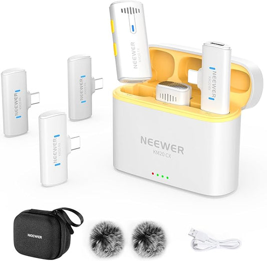 NEEWER Wireless Lavalier Microphone System for iPhone, Mini Clip on Lapel Mic Set with 2 USB C Transmitters/4 Receivers/OTG Adapter Compatible with iPhone Android Phone Computer Tablet, White, KM20