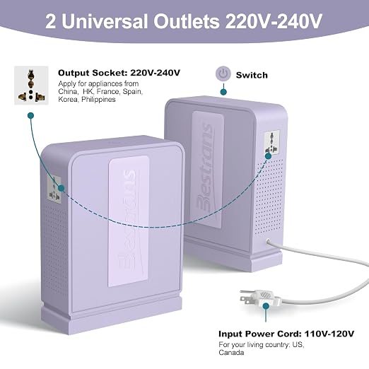 2000W Step Up Transformer 110v to 220v Converter, Heavy Duty Voltage Converter 110v-120v to 220v-240v with Dual Outlets, Overload Protection & Ultra-Quiet for Home Appliances,Light Purple