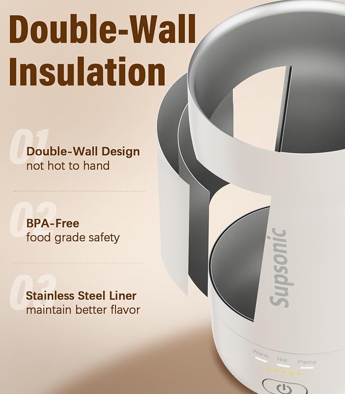 Supsonic - 14oz Heated Coffee Mug, Self-Heating Travel Mug with 3-Temp Settings, Insulated Stainless Steel Constant Temperature Heating Mug for Beverage, Smart Heating Portable Coffee Mug | S1