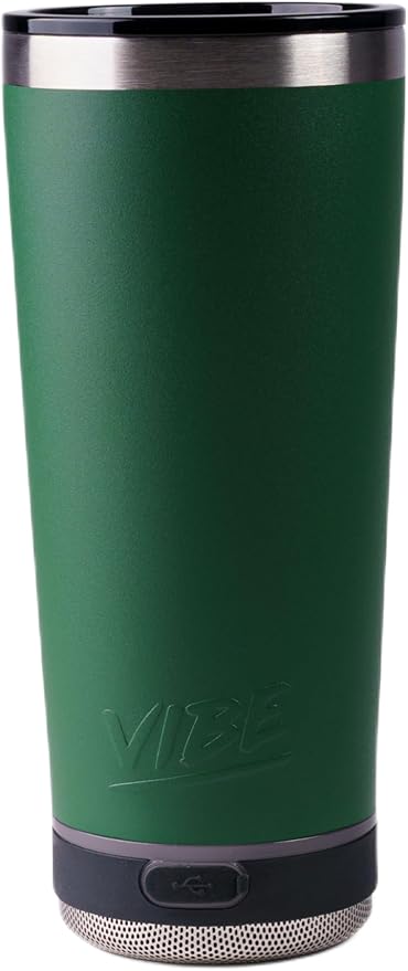 Vibe 18 oz Tumbler with Bluetooth Speaker, Insulated Stainless Steel Travel Cup with Lid, Hot & Cold Drink Beverage Container, Removable Speaker with Microphone, Rubber Base, Dark Green