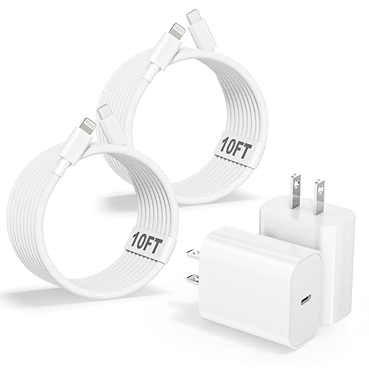 10FT Extra Long Braided iPhone Charger Fast Charging,10Foot 2Pack i Phone Charger Block USB C to Lightning Woven Cable Cord Adapter for iPhone 14 Pro Max/14 Plus/13 Mini/13/12/11/X/XR/SE/i Pad/AirPods