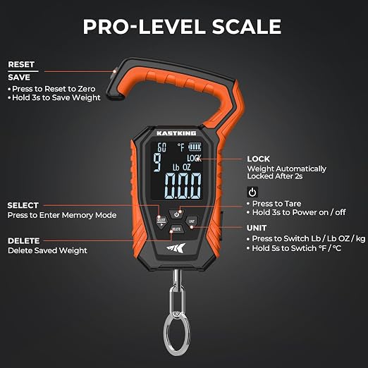 KastKing Weighmaster Mechanical-Digital Fishing Scale with Lip Gripper, 120 lb Capacity, 2.5" Backlit Display, High-Precision Sensor, 9 Weight Memory, Temperature Detection, IPX6 Waterproof