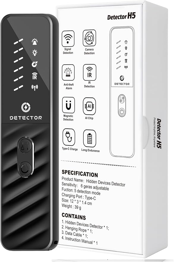 Hidden Camera Detectors, Anti Spy Bug Camera Finder & GPS Tracker Detector, Anti-Theft Alarm, 6-Level Sensitivity, 168H Battery, Privacy Pen Hidden Device Detector for Travel, Hotel, Home, Car, Office