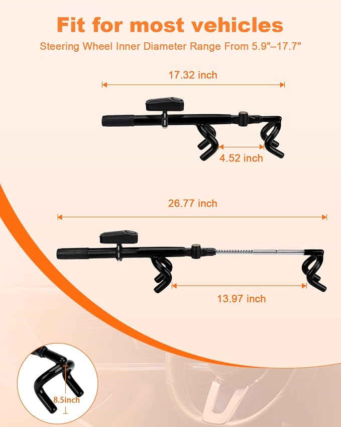 ELECTOP Black Steering Wheel Lock with 113dB Car Alarm Anti-Theft Device Double Hook Car Lock with Adjustable Locking & 2 Keys, Car Alarm System with Motion Sensor for Vehicle Truck Van SUV