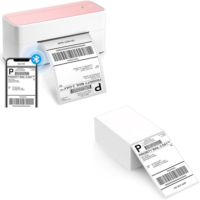 ASprink 241BT Bluetooth Thermal Label Printer 4X6 - Wireless Shipping Label Printer for Small Business & 4"x 6" Fanfold Thermal Labels (Fanfold Style & 500 Labels)