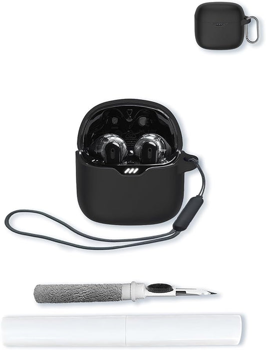 Case for JBL Tune Flex - True Wireless Noise Cancelling Earbuds,Soft Protective,BOVUGAC Silicone Case Cover with Keychain & Cleaning Kit & Lanyard for JBL Tune Flex Earbuds-Black