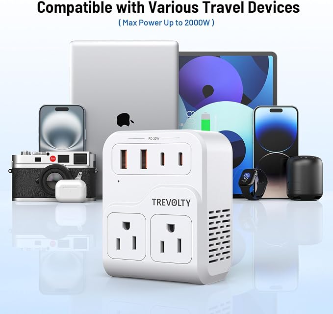 7-in-1 European Travel Plug Adapter, 2000W Universal Travel Adapter with 3 AC Sockets, 2 USB-A & 2 USB-C Ports, Travel Essentials International Power Adapter for UK/EU/Japan (Ivory PD 45W)
