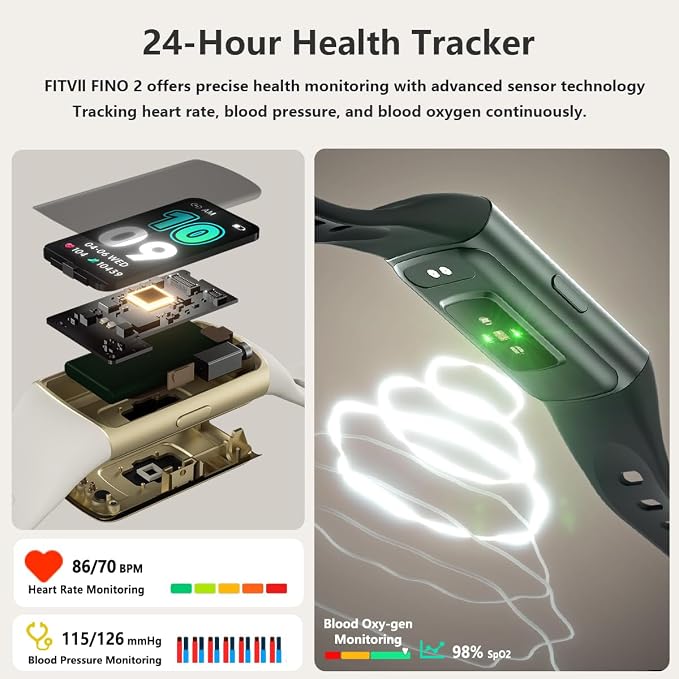 FITVII FINO 2 Slim Fitness Tracker, Smart Watch with Blood Oxygen, Sleep Monitor, 24/7 Heart Rate & Blood Pressure, IP68 Waterproof Health Activity Trackers with Calories Step Counter for Women Men