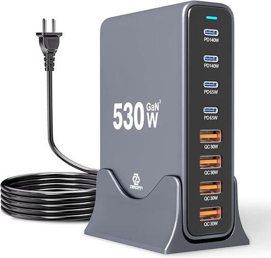 530W USB C Charging Station, 8-Port Desktop Charger, PD 140W PD 65W QC 30W GaN Ⅲ Fast USB Charger Block for MacBook, Ipad, iPhone, Samsung