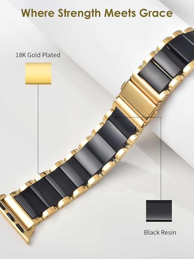 V.R.HOPE Gold Stainless-Steel Metal Resin Apple Watch Band 38mm 40mm 41mm 42mm Fashion Bracelet Strap for Women Compatible with iWatch Series 11/10/9/8/7/6/5/4/3/2/1/SE (Black+Gold)