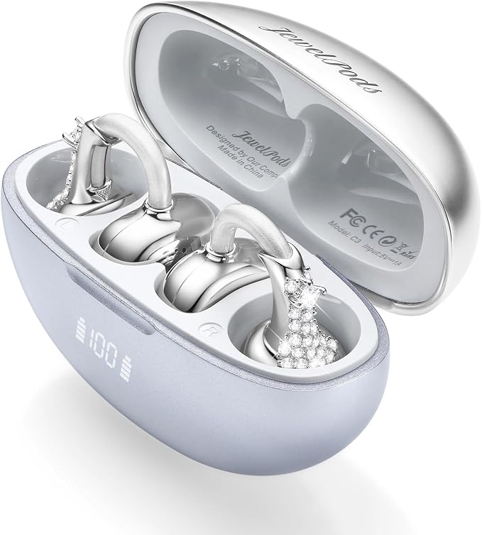JewelPods C3 Wireless Bluetooth Earbuds, Jeweled Open-Ear Headphones, SLV | Ultra-Light Memory Wire Clip-On Earrings for All-Day Comfort, 60H Playtime, Sweat & Water Resistant, Premium Sound