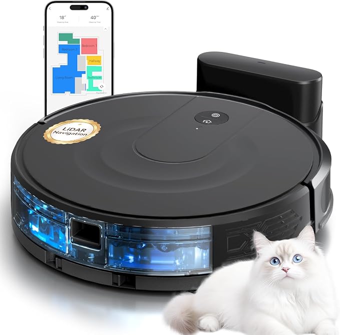 Robot Vacuum and Mop Combo, LiDAR Navigation with Ultra Slim Design, Smart Mapping Robotic Vacuum Cleaner, 9000Pa Suction, Customizable Cleaning for Pet Hair, Carpets,Hard Floors (Light Black)