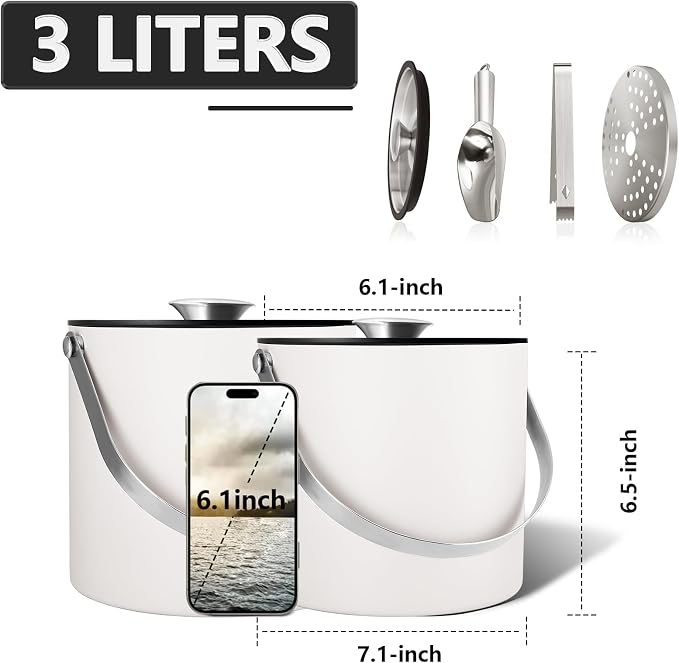 Bakpoco Insulated Ice Bucket with Silicone Lid, Scoop, Tongs & Strainer, 3L Stainless Steel Double Wall Ice Buckets for Parties & Cocktail Bar, Champagne Ice Bucket with Lid for Freezer, Ivory