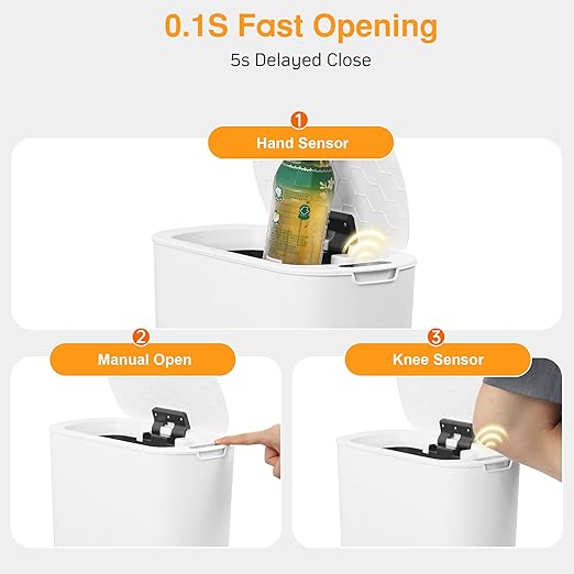 Bathroom Trash Can with Lid 5 Gallon White Motion Senor Touchless Automatic Garbage Cans for Kitchen,Bedroom, Office, Living Room