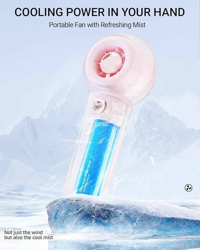 Tendiren Portable Handheld Misting Fan, Rechargeable Personal Mini Fan with Mist, 4 Speed Turbo Powerful Cooling Fans with Water Spray Tank for Travel, Home, Office, Outdoor, Camping, Beach (Pink)