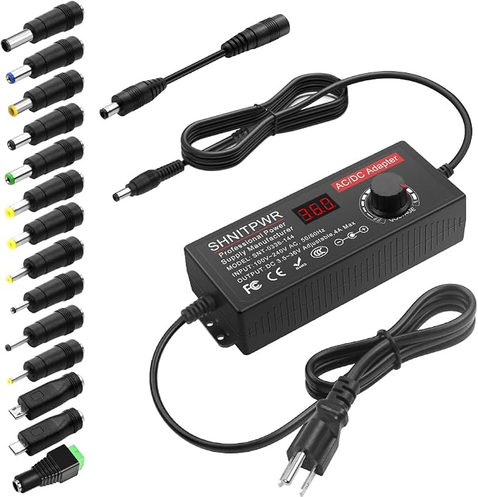 SHNITPWR Universal Power Supply Adjustable 144W 3.5V~36V 4A AC/DC Adapter 12V 24V 36V 5V 6V 9V 14V Power Adapter 100V~240V AC to DC Converter Multi-Voltage Variable Transformer 14 Tips