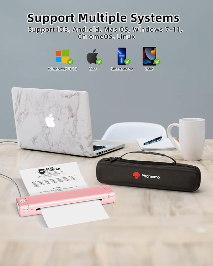 Phomemo Inkless Portable Printer for Travel - Wireless Thermal Printer Compatible with Phone & Laptop, Bluetooth Printers Supports 8.5" X 11" Letter Thermal Paper, Come with Carry Case