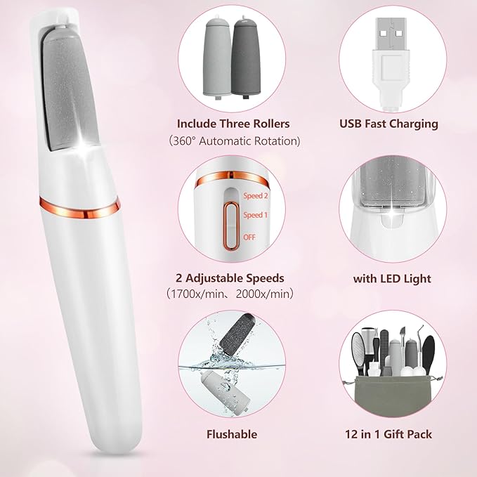 Electric Foot Callus Remover Pedicure Kits Rechargeable with12 in 1, Removes Dry Skin for Smoother Feet & 9 Pack Pedicures Replacement Heads