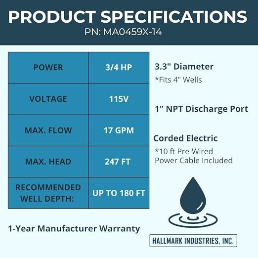 Hallmark Industries MA0459X-14 Deep Well Pump, 3" (3.3" Max), 3/4 HP, 115V/60Hz/1Ph, 14 Stage, 270' Head Max, 13 GPM Max, 1"Npt, S.Shell C.I Intake, 10' Cable, w/Check Valve, Stainless Steel