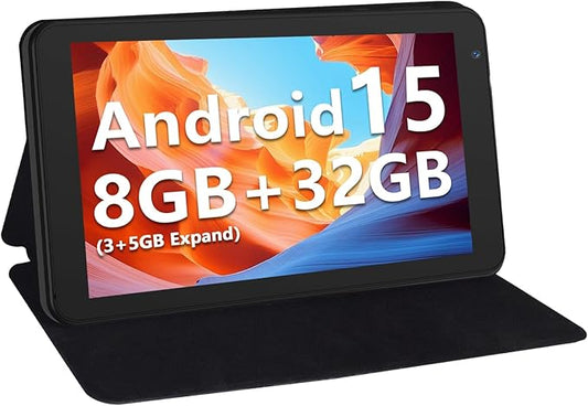 7 Inch Tablet with Case, Five Core Android 15 Tablets, 8GB(3GB+5GB) RAM 32GB Storage 1TB Expand, 5G WiFi,1024x600 IPS HD Display, 3500mAh,Dual Camera, Type C Tablet PC (Black)