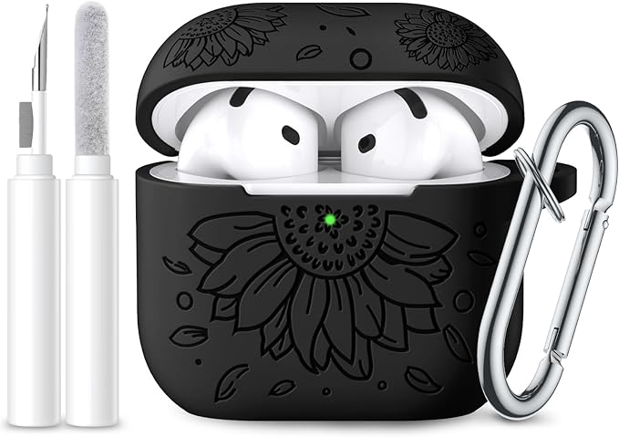 Lerobo for Airpods 4 Case Cover, Floral Engraved Soft Silicone Protective Case with Cleaning Kit & Keychain Compatible with Apple AirPods 4th Gen 2024 for Women,Wireless Charging & LED Visible,Black