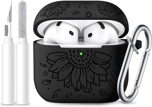 Lerobo for Airpods 4 Case Cover, Floral Engraved Soft Silicone Protective Case with Cleaning Kit & Keychain Compatible with Apple AirPods 4th Gen 2024 for Women,Wireless Charging & LED Visible,Black