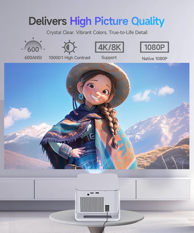 Smart Projector with 4K 8K Support, Android 14 mini Projector with Wifi and Bluetooth, 600 ANSI, Auto Focus & Keystone, Obstacle Avoidance, 1080P Portable Movie Proyector, HY350Max for Home Outdoor