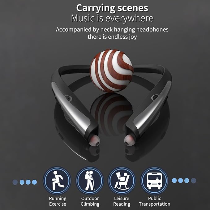 Bluetooth 5.3 Neckband Bluetooth Headphone, Sweat Resistant Noise Cancelling Stereo Headphones, and Retractable Ear Tips for Music, Conference, Videos（Bright Black）