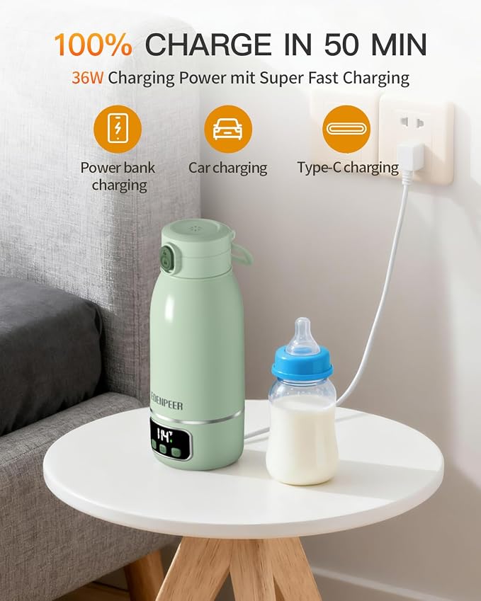 Portable Bottle Warmer on The Go, 17.6 OZ 120 W Fastest Heating, 17400 mAh Long Battery Life for Night Feedings, Precise Temperature Control,for Breast Milk & Water,48H Keep Warm, for Car & Outdoor
