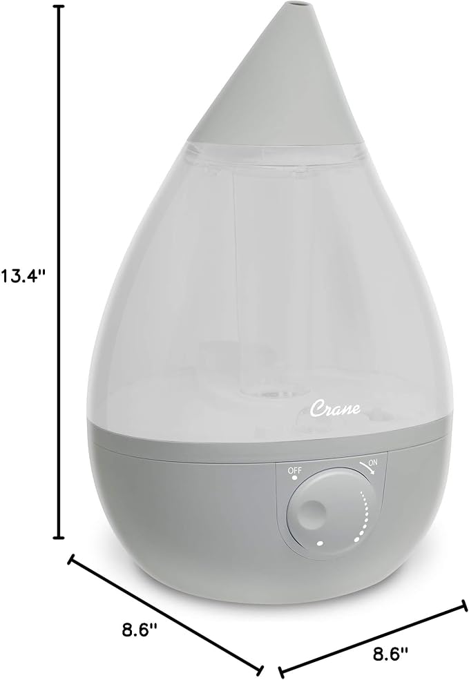Crane Ultrasonic Cool Mist Humidifier for Bedroom, Baby Nursery, Kids Room, Plants, or Office, Large 1 Gallon Tank, Filter Optional, Grey