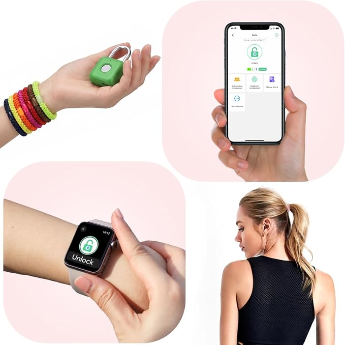 Fingerprint Padlock eLinkSmart Gym Locker Lock with Phone App iOS Watch Metal Keyless Combination Locks for Backpack Suitcase Luggage School Sports Locker Toolbox Hasp Storage Green