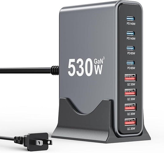 530W USB C Charger Block,8-Port USB C Charging Station GaN IV Travel Essentials Multiple Port Charging Station,140W Laptop Fast Charger Adapter for MacBook Pro/Air,DELL,iPad,iPhone,Samsung Galaxy