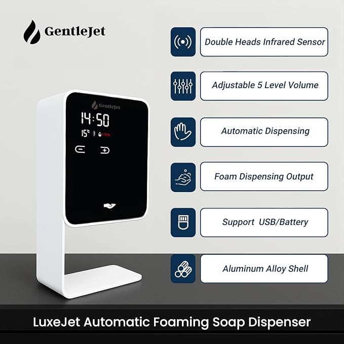 GentleJet LuxeJet Automatic Foaming Soap Dispenser Touchless Sensor, LED Display, 5 Foam Levels, Wall Mount or Countertop, Rechargable USB-C or Battery Powered, Aluminum Alloy, 480 ml Refillable