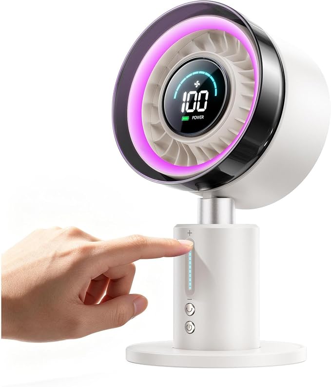 KIMMOO USB Rechargable Desk Fan, 2-in-1 Turbo Table Fan with 5-Color Light, 180° Oscillating,100 Speeds, 6000mAh Battery, LED Display, Quiet Portable Desktop Fan for Bedroom/Office/Dorm/Home (White)